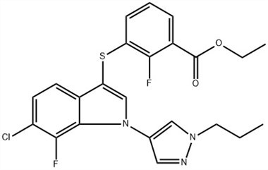 Asid Benzoik, 3-[[6-chloro-7-fluoro-1-(1-propil-1H-pyrazol-4-yl){ {8}}H-indol-3-yl]thio]-2-fluoro-, Ethyl Ester (ACI) No. CAS: 1782070-73-8